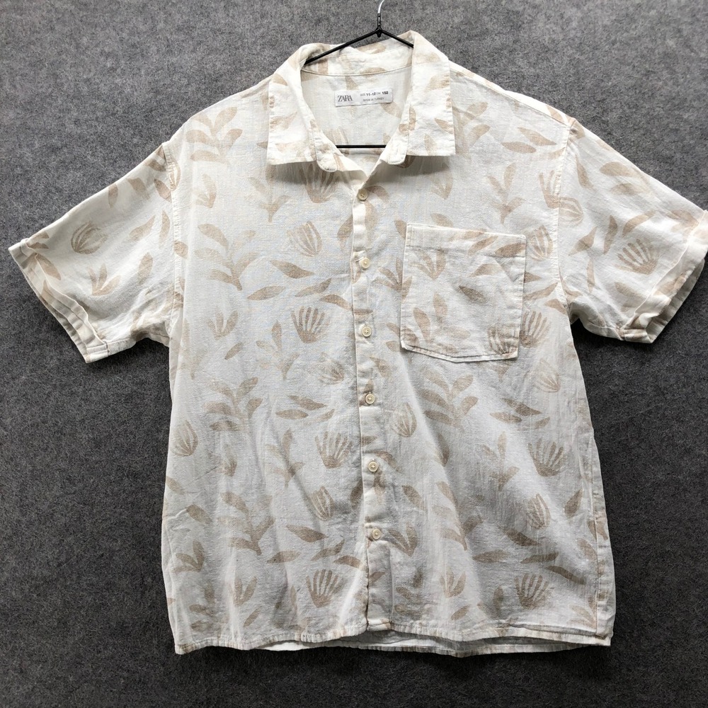 Zara Boys 11-12 (152) Cotton Linen Resort Shirt White Tan Palm Tropical Hawaiian